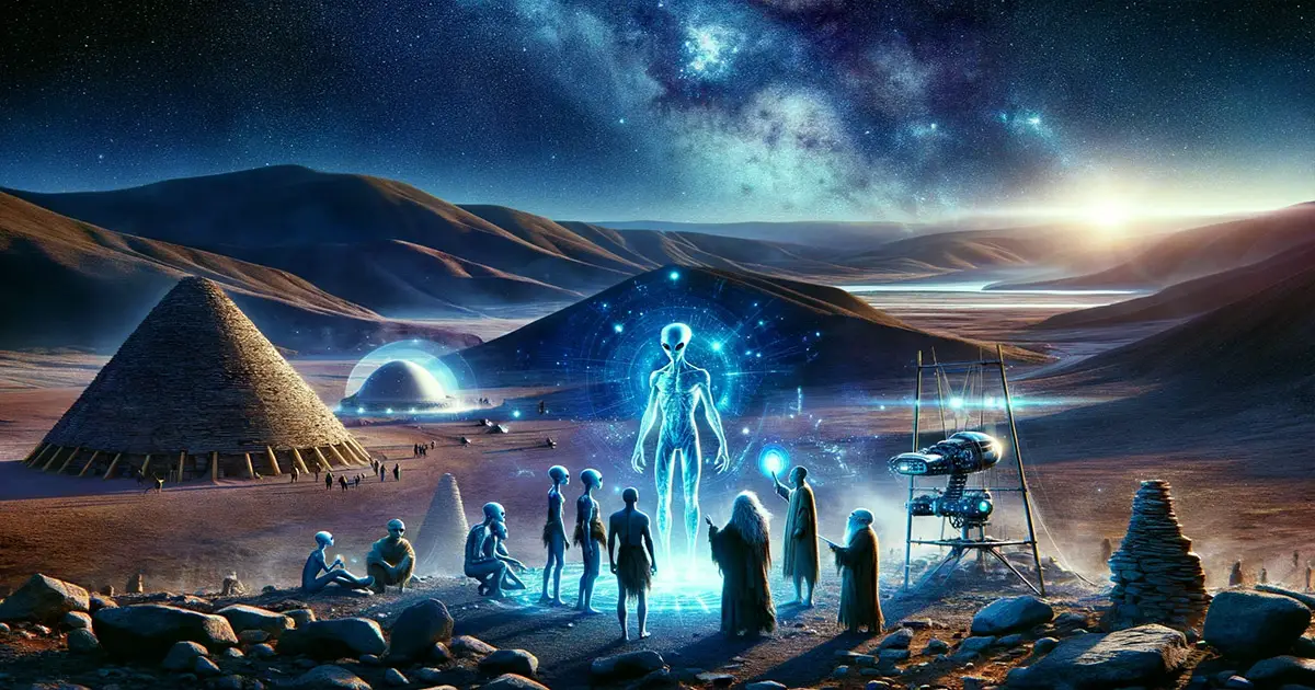 Ancient alien beings sharing knowledge and technology with early humans under a starry sky, symbolizing the blend of cosmic and earthly civilizations.